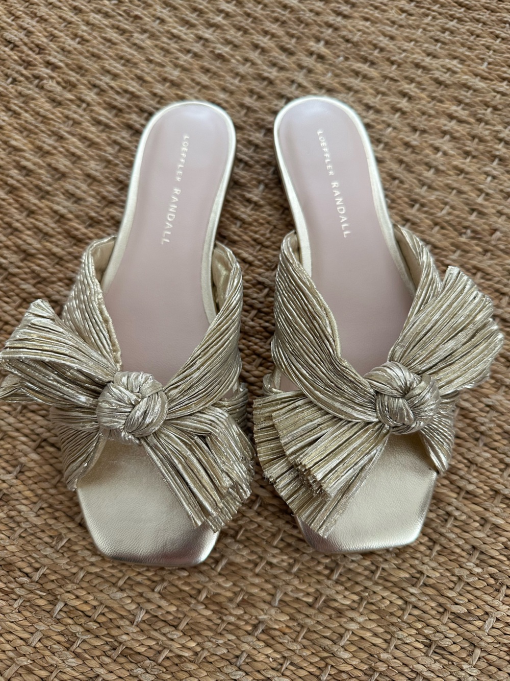 Loeffler Randall Metallic Gold Knotted Bow Slide Sandals